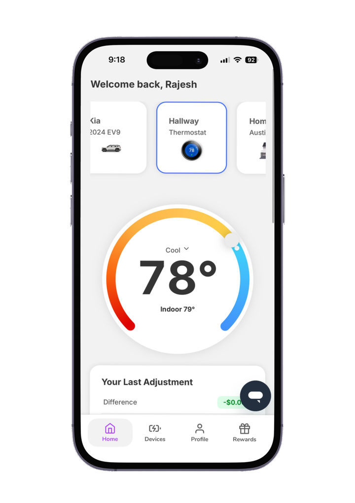 Optiwatt home screen showing Rajesh's Hallway Thermostat selected, currently cooling to 78° with the indoor temperature at 79°.