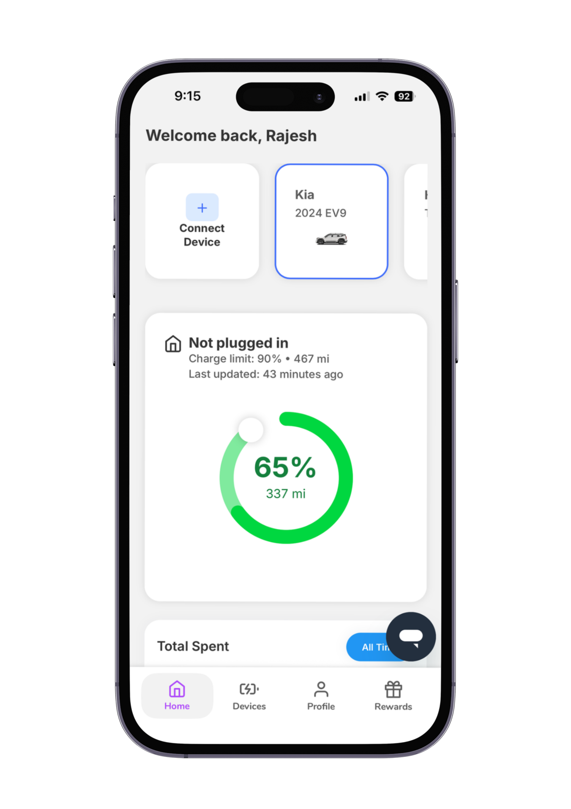 Optiwatt mobile app home screen showing a welcome to Rajesh, a connected Kia 2024 EV9 at 65% charge (337 mi), charge limit details, and bottom navigation.