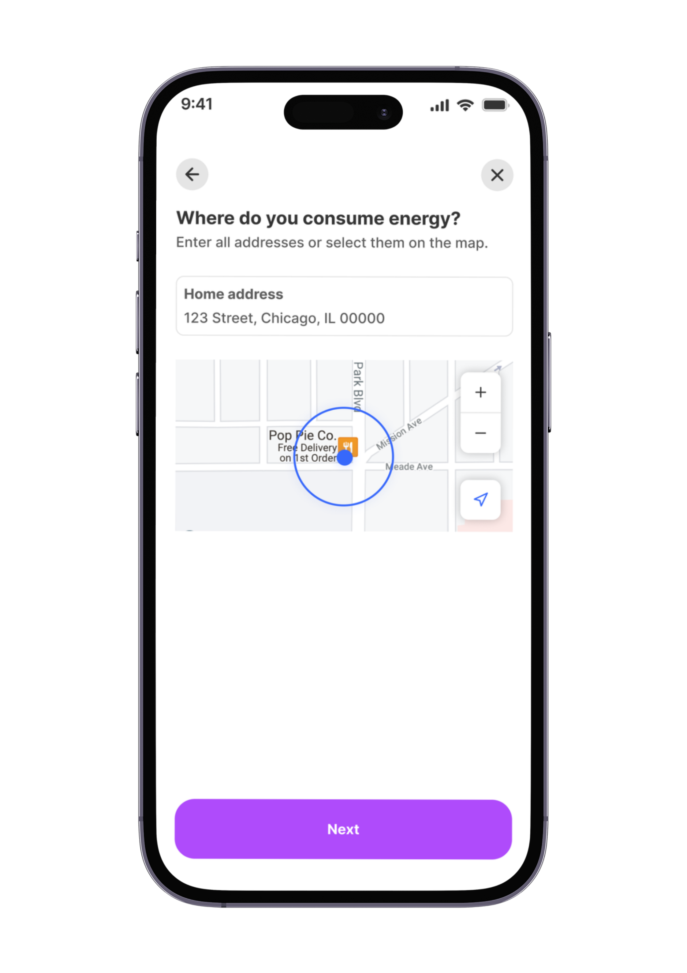 Optiwatt onboarding screen asking where you consume energy, with a home address field and a map.