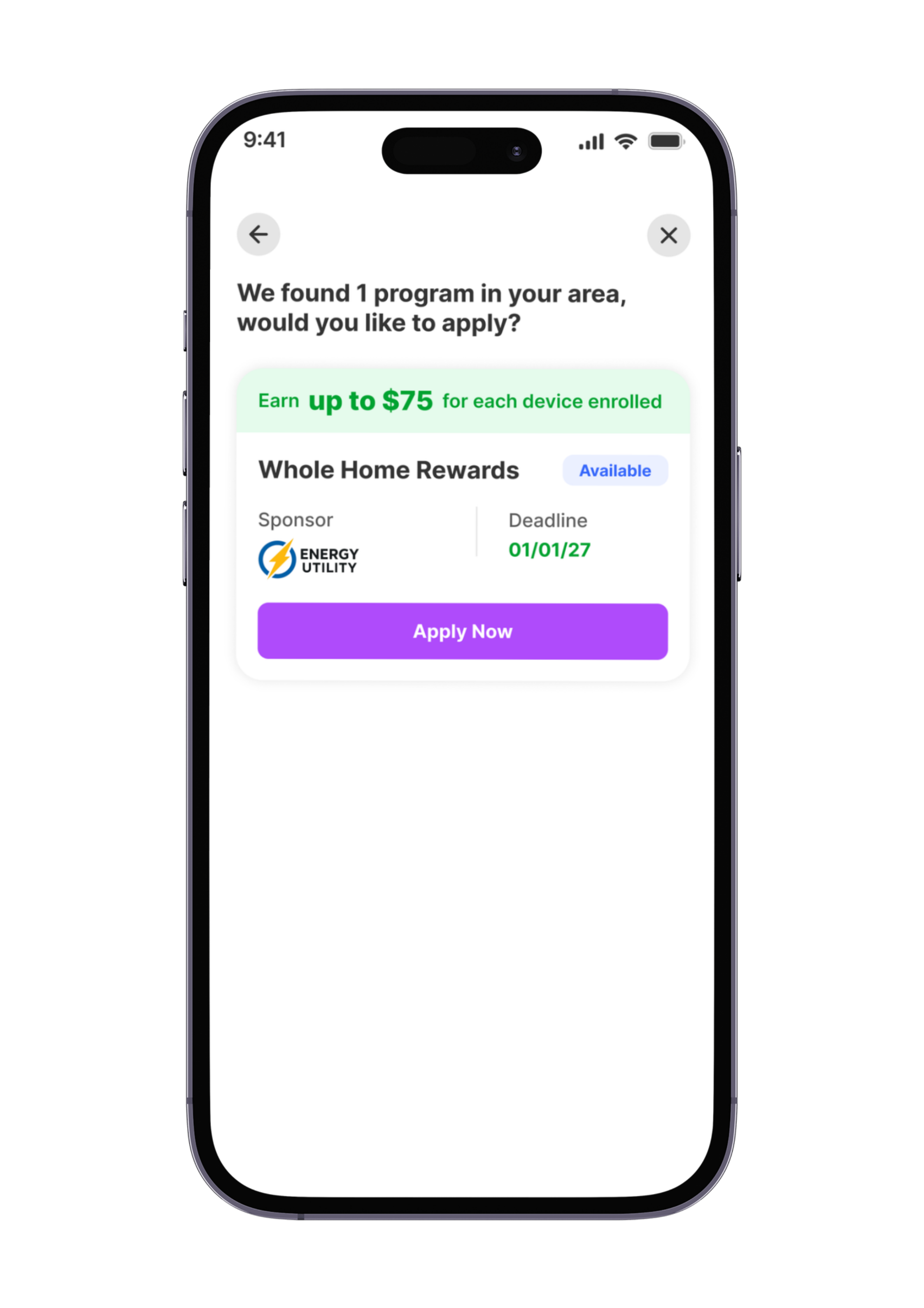 Optiwatt screen showing one program found in your area (Whole Home Rewards, earn up to $75 per device enrolled), with an Apply Now button.