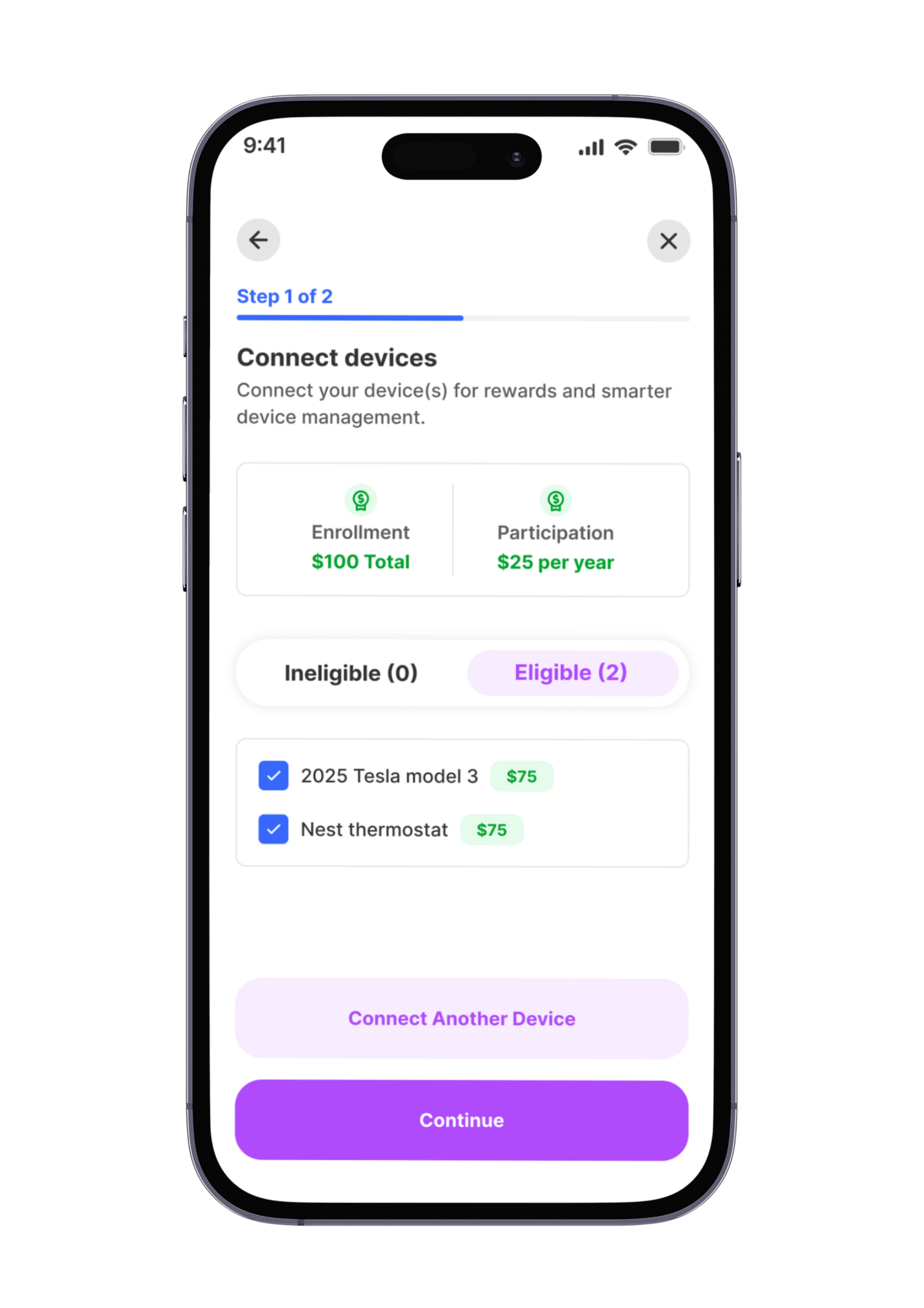 Optiwatt Connect devices screen showing two eligible devices already connected with checkmarks — a 2025 Tesla Model 3 and a Nest thermostat — with $100 enrollment and $25 per year participation.